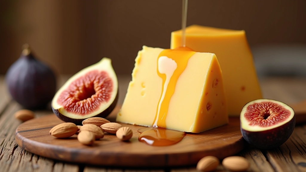Placa de queijo envelhecido com fatias de figo fresco, mel e nozes numa tábua de madeira rústica