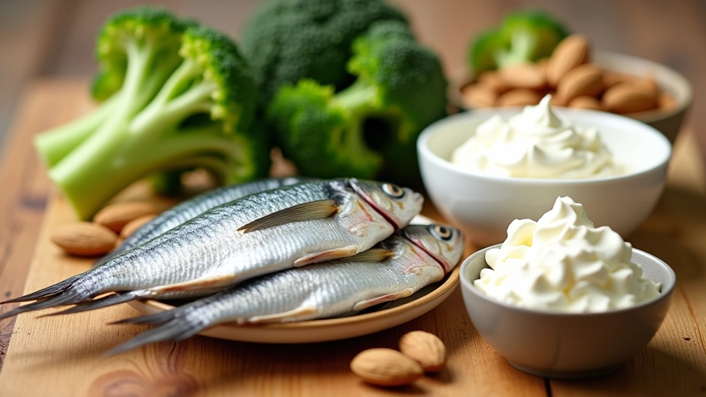 Variedade de alimentos ricos em cálcio incluindo sardinha, brócolis, amêndoas, iogurte grego e tofu num arranjo colorido