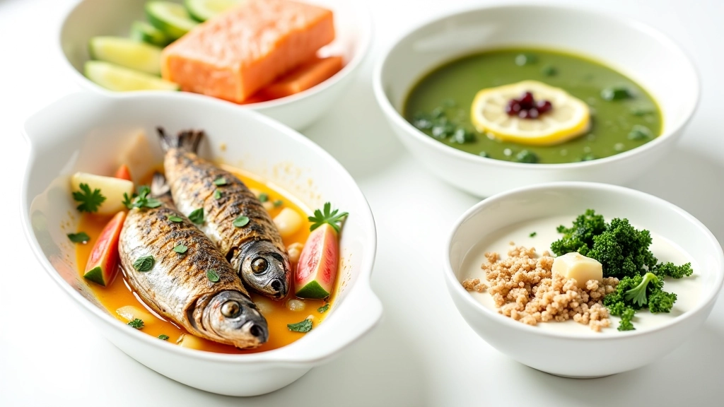 Variedade de pratos nutricionais para a semana incluindo sardinha assada, caldo de couve, salada com salmão e iogurte grego