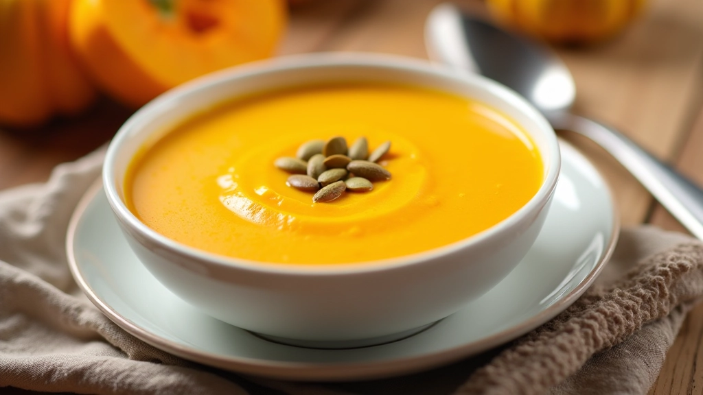 Sopa de abóbora cremosa num prato fundo branco, decorada com sementes de abóbora e uma colher ao lado