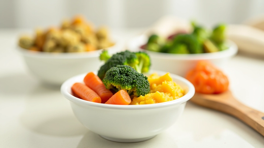 Variedade de vegetais macios cozidos em tigelas individuais, brócolos, cenoura, abóbora e feijão, com cores vibrantes e apresentação apetitosa