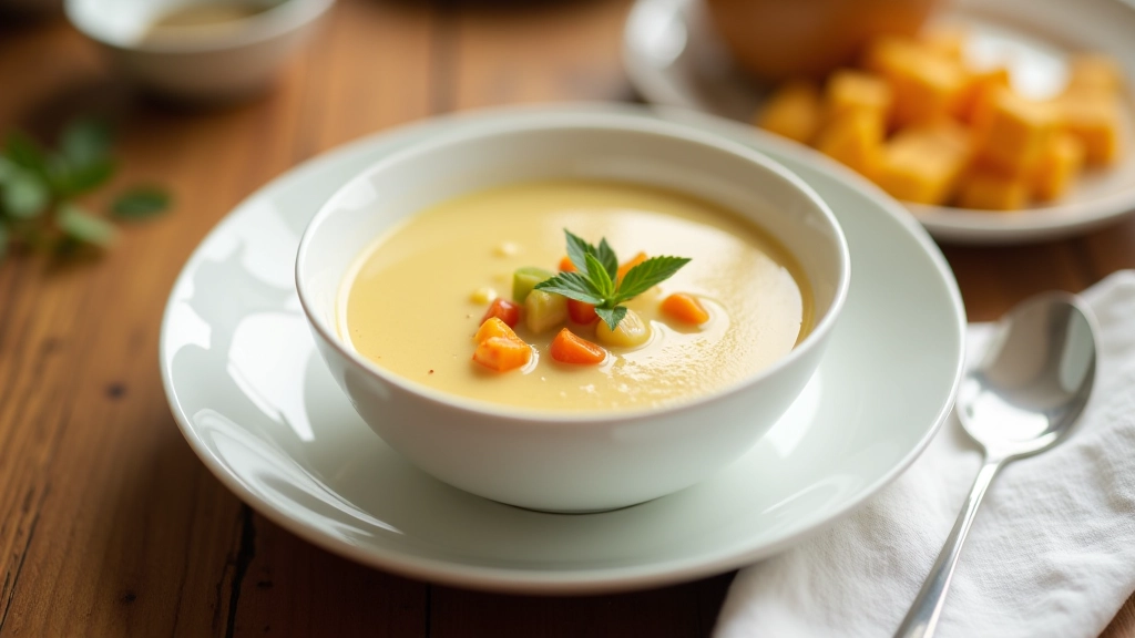 Sopa cremosa com vegetais macios em tigela branca, apresentação apetitosa de alimento fácil de digerir