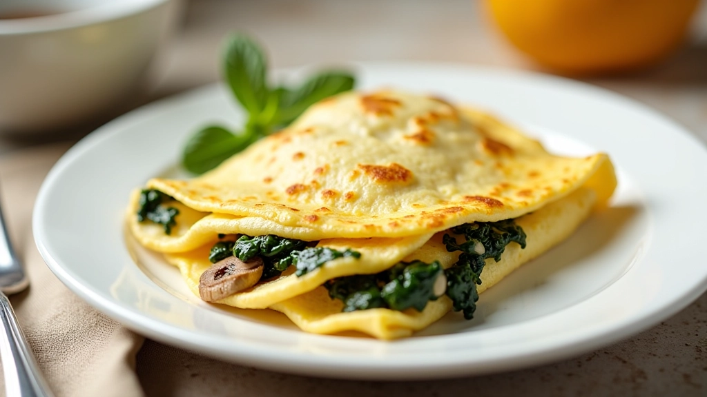 Omelete dobrada com espinafres e cogumelos visíveis, queijo derretido, num prato branco com garfo ao lado