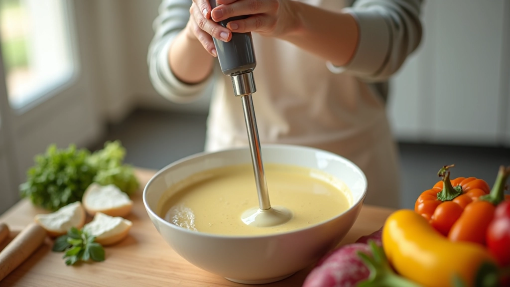 Preparação de alimentos na cozinha, varinha mágica em tigela com sopa cremosa, ingredientes frescos ao fundo, ambiente de cozinha moderno e limpo