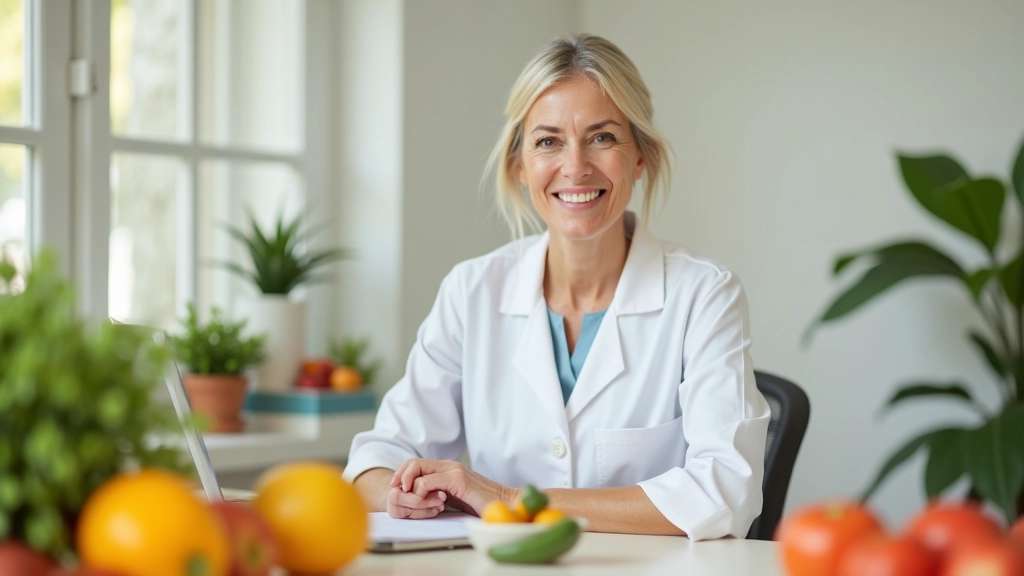 Especialista em nutrição sénior rodeado de alimentos frescos e guias de planeamento