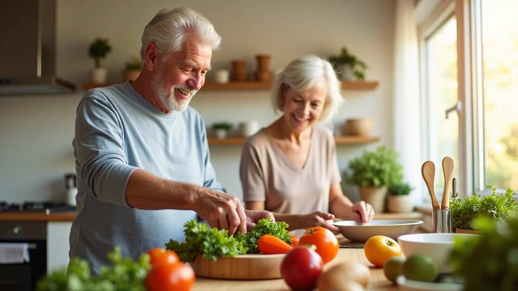 Casal de seniores a preparar refeições nutritivas numa cozinha moderna