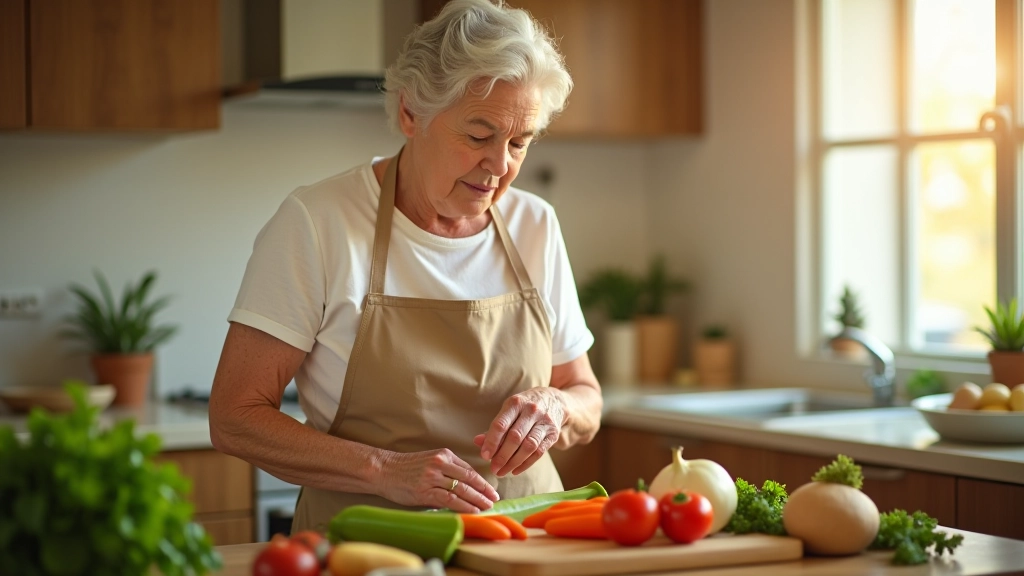 Mulher sénior a preparar refeição com ingredientes ricos em cálcio na cozinha