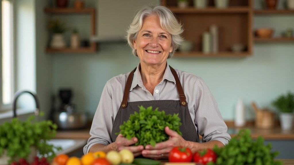 Mulher sénior satisfeita a segurar ingredientes frescos para preparar refeições nutritivas
