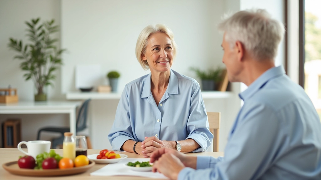 Nutricionista a discutir plano alimentar com cliente sénior