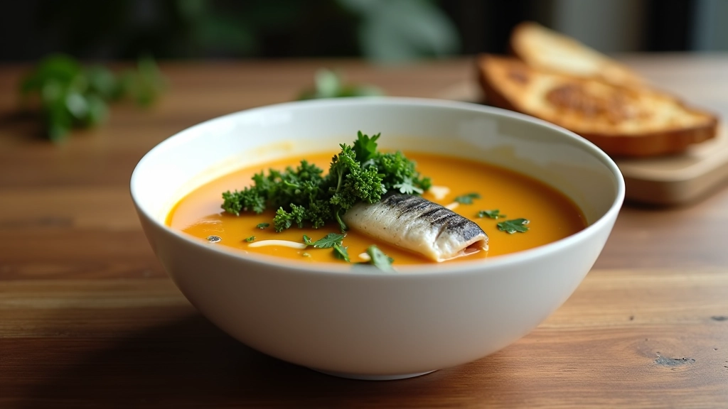 Tigela branca com caldo quente de sardinha e couve-galega, pão tostado ao lado, num prato de vidro transparente